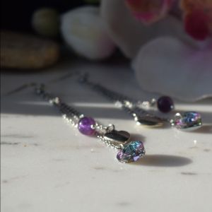 стилни висящи обеци с кристална висулка " Лилаво сърце "